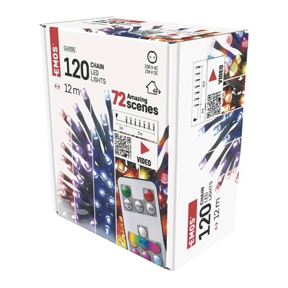 Řetěz vánoční  LED 12 m, venkovní i vnitřní, RGB, ovladač, programy, časovač