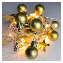 Řetěz MagicHome Vánoce Ball, 20x LED teplá bílá, s koulemi a hvězdami, zlatá, 2xAA,