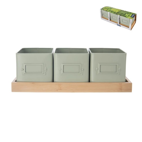 Květináč kov bylinky GREENISH 11,5x11,5 cm 3 ks+ bambus. podtácek